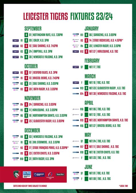 leicester tigers rugby fixtures